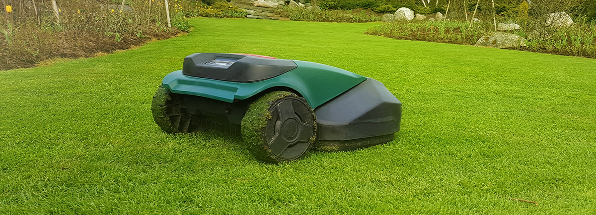Robot cortacésped sobre hierba verde en el jardín del pueblo ai